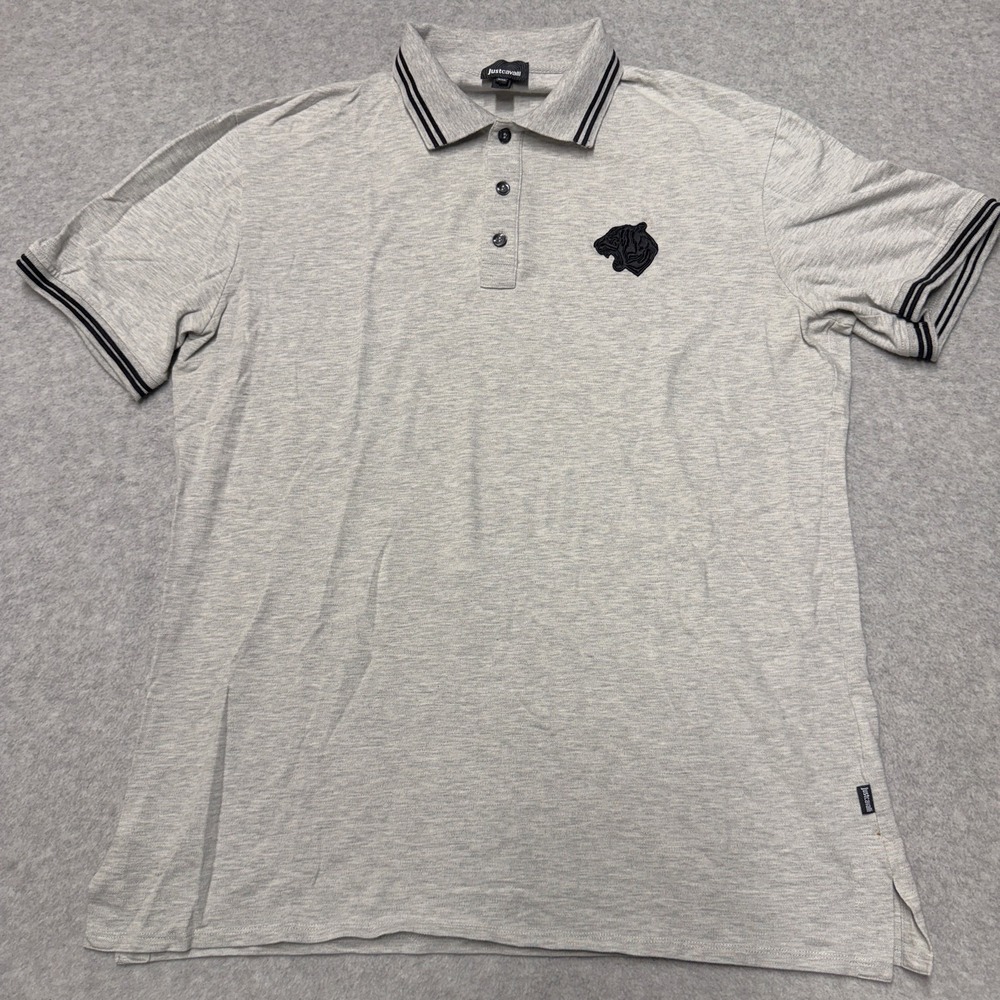 Just Cavalli Polo Shirt Mens 2XL Gray Solid Logo Cotton Blend Casual Top